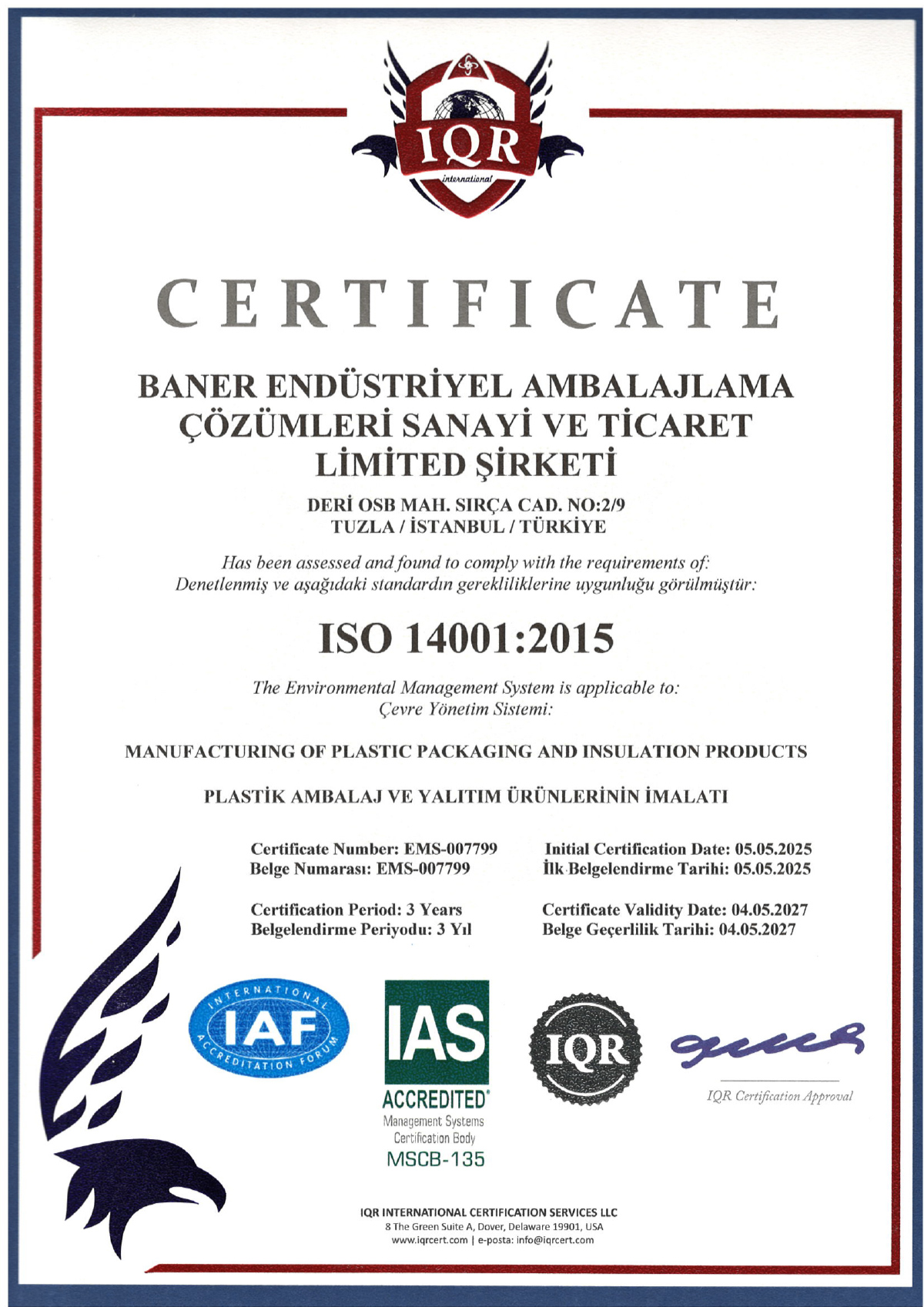 ISO 14001:2015 certificate
