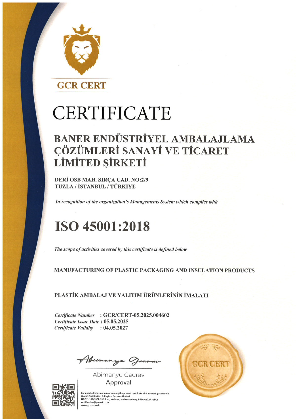 ISO 45001:2018 certificate
